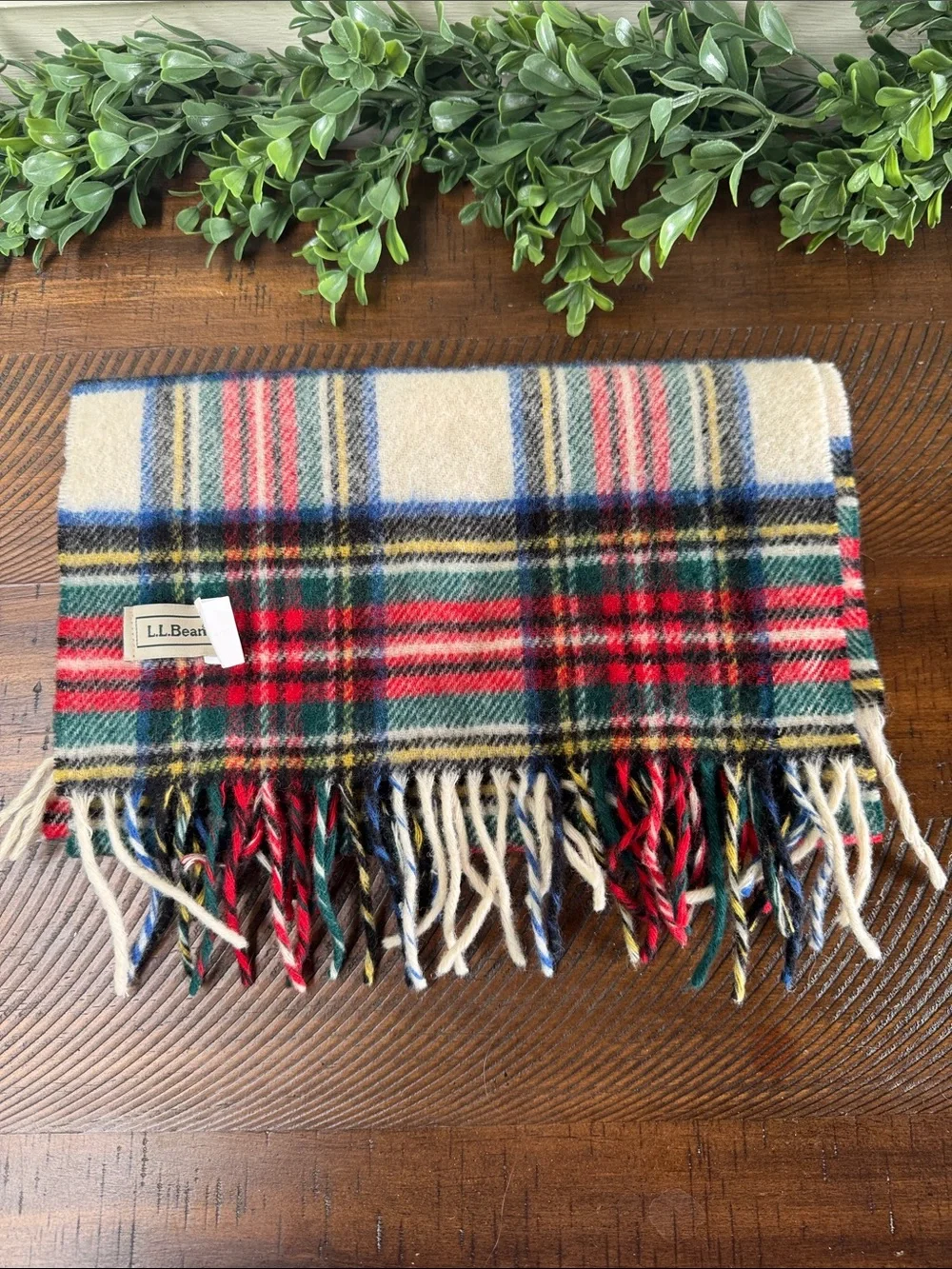 L.L. Bean Cream Red Blue Tartan Scarf
